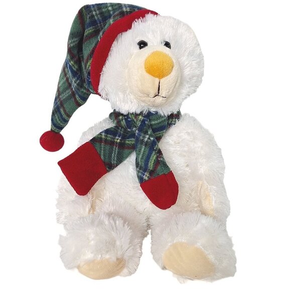 Goffa International Christmas Teddy Bear Plaid Scarf Hat 16.5" - Picture 1 of 6